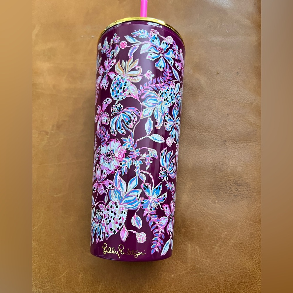 Lilly Pulitzer Tumble & Straw 24oz Amerena Cherry Tropical with a Twist EUC